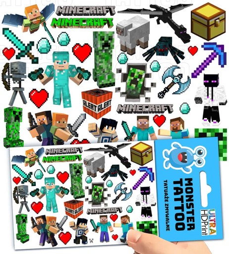 UMÝVAJÚCE DOČASNÉ TETOVANIE PRE DETSKÉ DETSKÉ MINECRAFT ORIGINÁLNE VZORKY