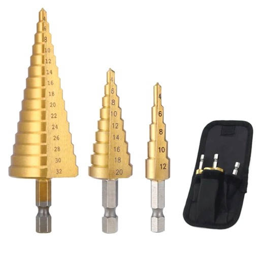 Stupňovité vrtáky, 3 ks, oceľ, sada, kužeľové, 4-32 mm, na drevo, plech