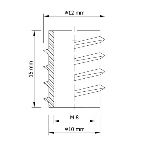 Nábytková vložka 10x M8 x 15 mm, skrutkovaná do dreva, oceľová nábytková vložka so zárezom