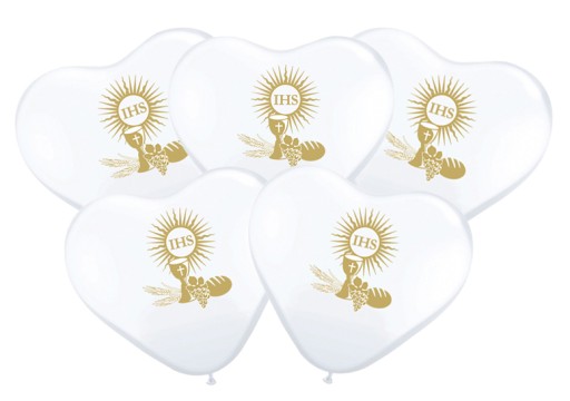 Communion Balloons HEARTS White with Gold Print IHS Communion COMMUNION 5 ks.