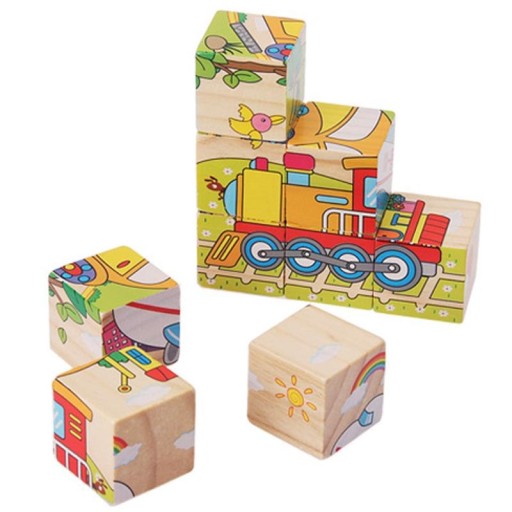 Drevené kocky náučné logické puzzle pre deti Vozidlá 9