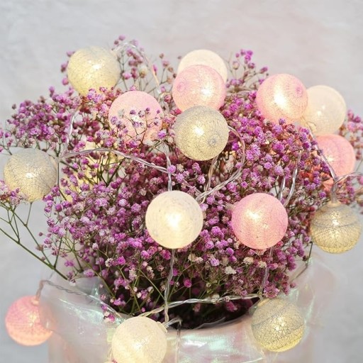 Bavlnené guličky 20 LED 4cm - Svetlá guličky na batérie ružové 3 metre
