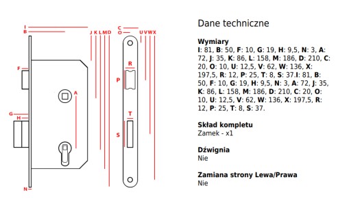 Cylindrická zámka JANIA bez západky 72/50 pravá predná 210mm