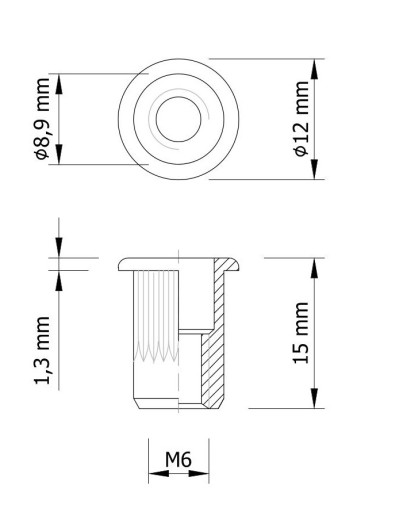 Nitovacia matica s drážkovaným nákružkom M6 x 15 mm