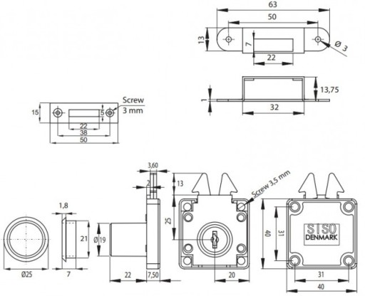 Nábytkový zámok pre žalúziové a posuvné dvere 19/22 mm SISO X855