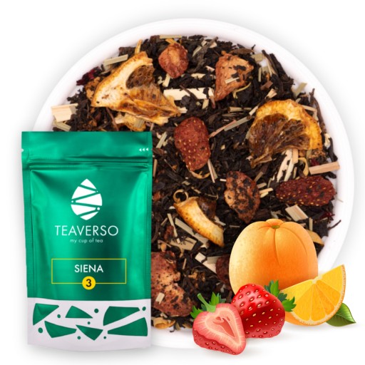 ČIERNY LISTOVÝ ČAJ JAHODY JABLKO POMERANČ SIENA TEAVERSO 100G