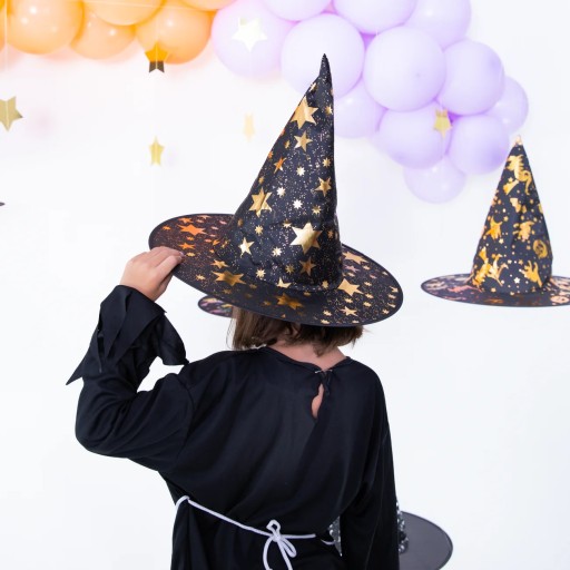 Čierno-zlaté halloweenske karnevalové maškarné šaty s čarodejníckym klobúkom