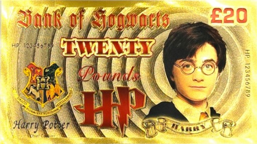 Krásna pozlátená bankovka v hodnote 20 libier Harry Potter