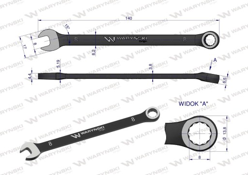8 mm kombinovaný kľúč. CrV štandard ASME B107-2010 Waryński