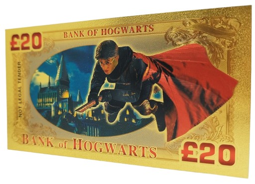 Krásna pozlátená bankovka v hodnote 20 libier Harry Potter