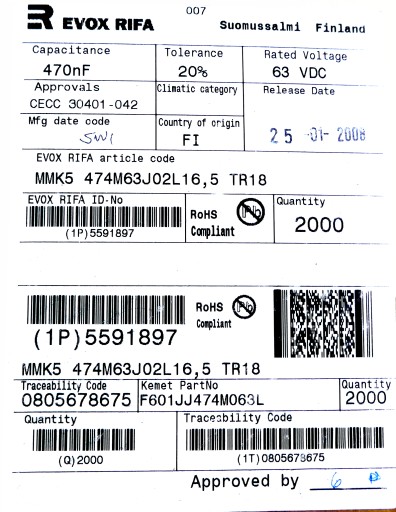 Fólia 0,47uF 470nF 20% 63V DC 20ks