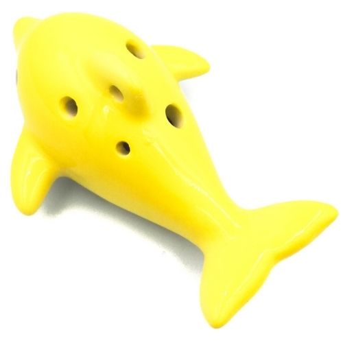 mini OKARYNA, keramika, žltá, delfín, 6 jamiek, noty - flauta okarína