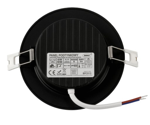 LED stropné svietidlo, zápustné, zápustné, 6W, 660lm, 4000K, čierne