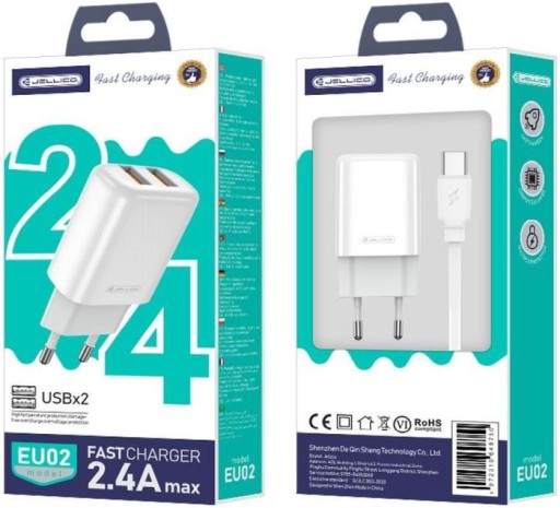 JELLICO EU02 12W napájací zdroj nabíjačka 2xUSB 2,4A + USB-C kábel 1m
