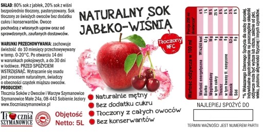 Jablková šťava CHERRY NFC lisovaná z čerešní 100% 5L