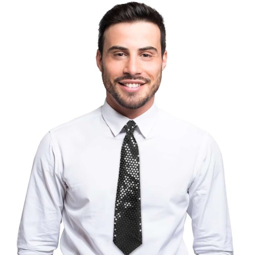 Lesklá BLACK kravata s gumičkou SEQUINS outfit karnevalové narodeniny RETRO
