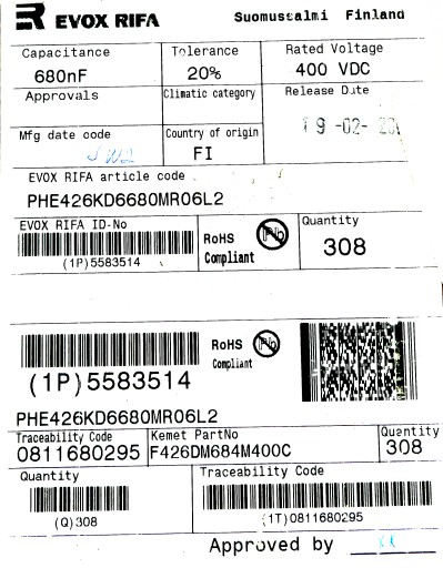 Fólia RIFA 0,68uF 680nF 20% 400V 10ks