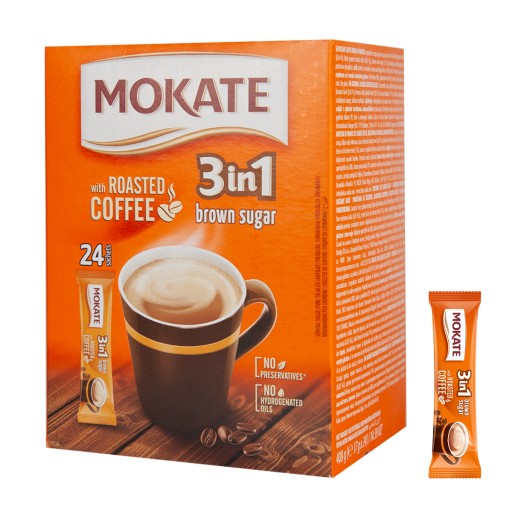 Kávový nápoj 3v1 instantný hnedý cukor 3v1 Mokate krabička na kávovú zmes 24ks