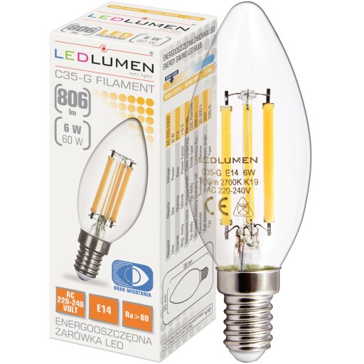 E14 LED SVIEČKOVÁ Žiarovka 6W=60W Vlákno 806lm 360° Dekoratívne bez blikania