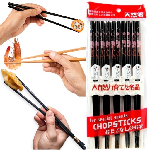 Čierne japonské paličky s kvetinovým motívom 5 párov