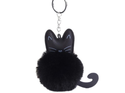 POMPON KEYRING KOŽUŠINA ČIERNA MAČATÁ KAT