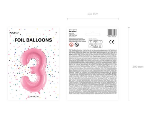 Fóliový balón Digit 3, 86cm, ružový pastel na HEL