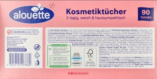 Kozmetické obrúsky ALOUETTE, s balzamom, 3-vrstvové, 90 ks