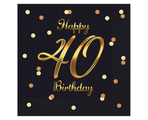 40th Birthday Happy Birthday Čierno-zlaté papierové obrúsky 20 ks.