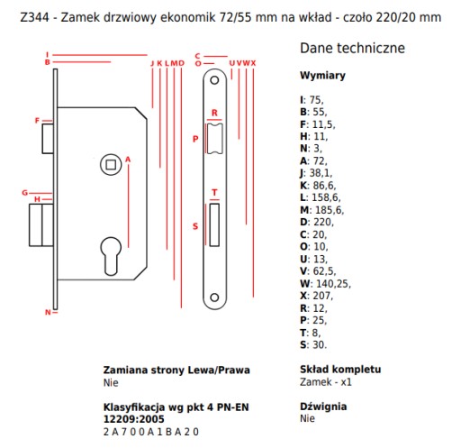 JANIA Zámok dverí 72/55 mm vložka - predná 220/20 mm strieborná pravá strana