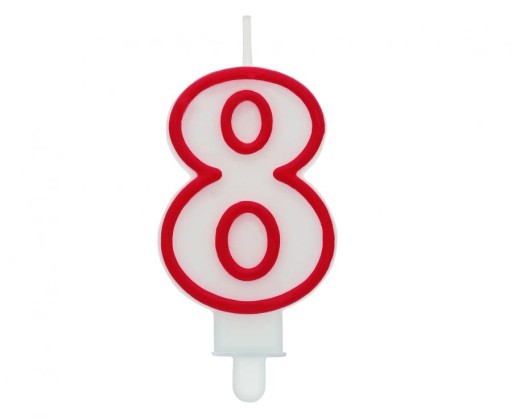 Narodeninová sviečka číslo 8, biela s červeným obrysom, 7 cm
