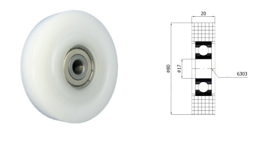 Plastový valček s ložiskom, priemer 80 mm, priemer 17 mm