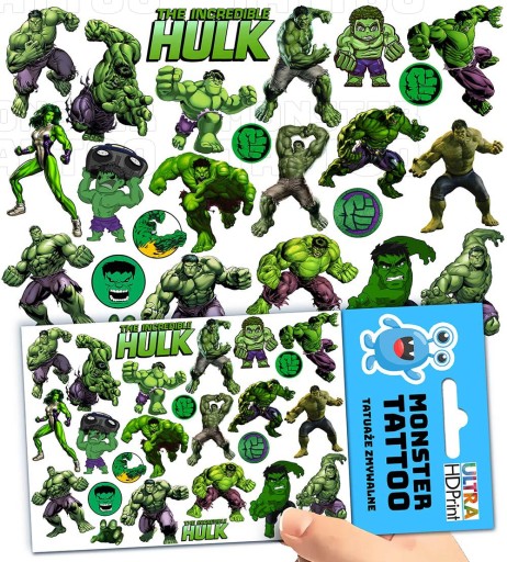 UMÝVAJÚCE DOČASNÉ TETOVANIE PRE DETI DETI HULK ORIGINÁLNE DIZAJNY