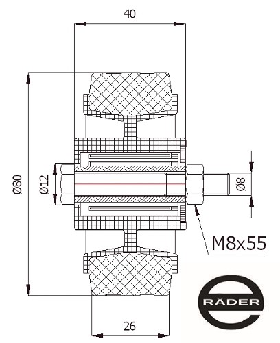 Plastové a gumené koliesko fi. 80 mm, montážna sada M8x55, skrutka, objímka