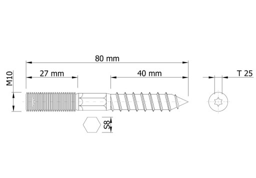 10 X Závit skrutky do dreva skrutka M10x80 mm