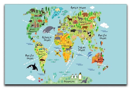 Mapa sveta zvierat na plátne pre deti 88x62