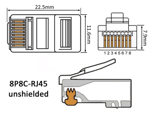 RJ45/8P8C zástrčka kat.6 UTP krútená dvojlinka drôt/lanko AWG24-26 priechodná 10ks