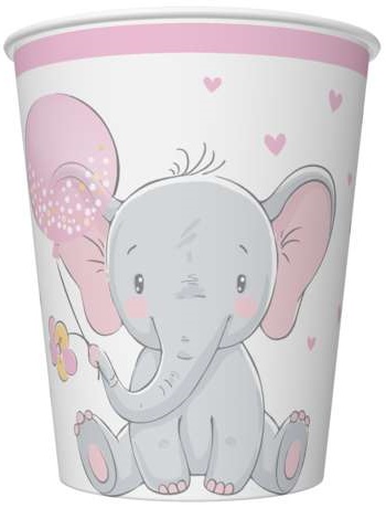 ELEPHANT papierové poháre Ružové baby Shower One Year Old Birthday 250ml 8 ks.