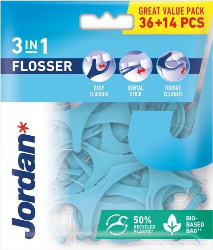 JORDAN FLOSSER DENTAL FLOSS CLEANER 3 V 1 50 ks