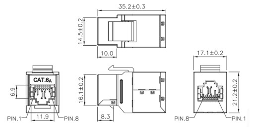 RJ45/8P8C kat.6A STP konektor, tienená zásuvka-zásuvka, typ KEYSTONE