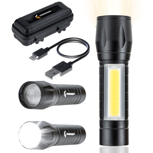Taktická dobíjacia LED baterka s káblom + súprava pevného puzdra + ZOOM