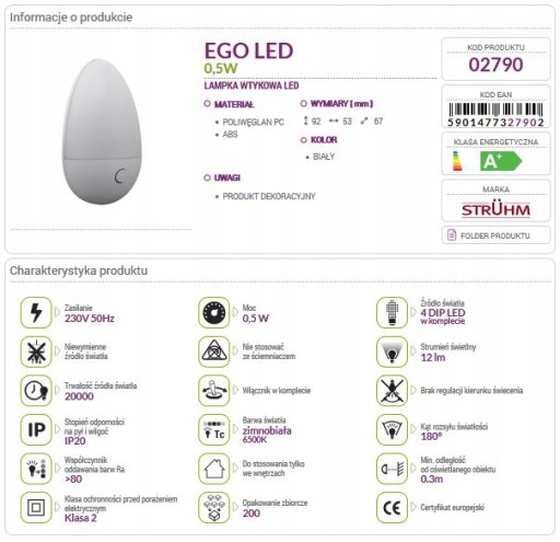 LED zásuvné svietidlo do objímky, biele IP20 0,5W 12lm 6500K, 02790, STRUHM