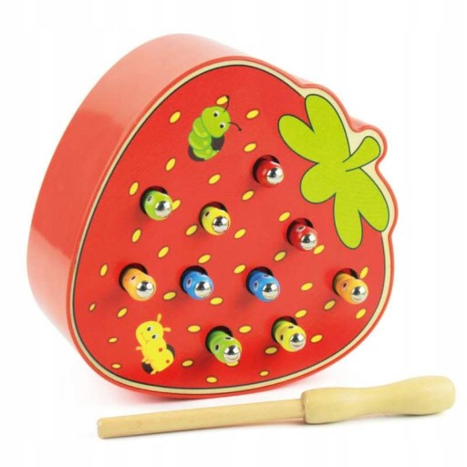 DREVENÁ HRA CHYŤTE ČERVIKU MAGNET JAHODOVÝ TYČ