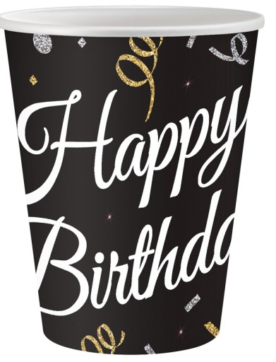 Čierne papierové poháre Happy Birthday, 6 kusov