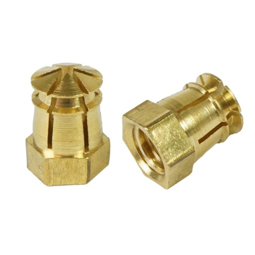 Nábytkový spoj M6 x 12 mm, mosadz, bez dilatačnej gule, drevená vložka