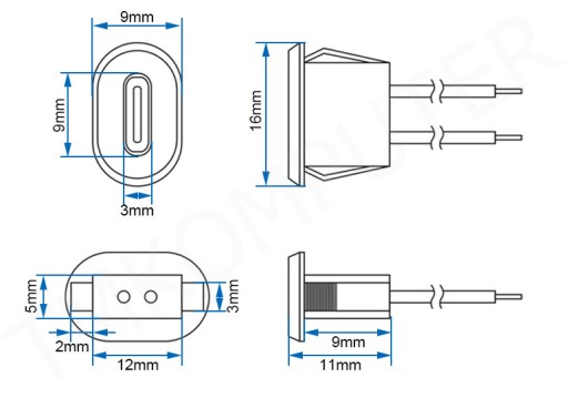 Čierna panelová USB-C zásuvka, 2 pin