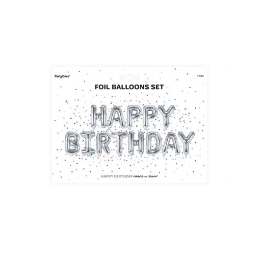 BALOONS nápis HAPPY BIRTHDAY, strieborná narodeninová girlanda, 35 cm x 340 cm