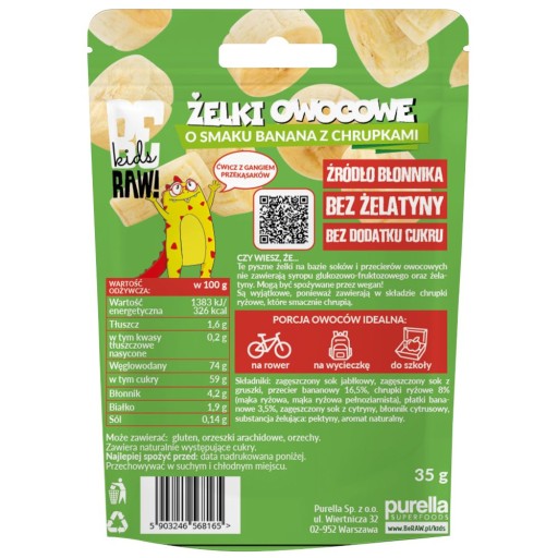 Vegánske banánové gumičky bez cukru s chrumkami Purella BeRaw 35g. chutné