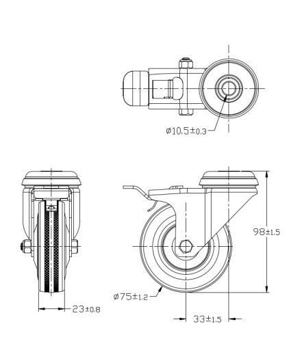 BRZDA OTOČNÉHO KOLESA 75MM 50KG OTVOR