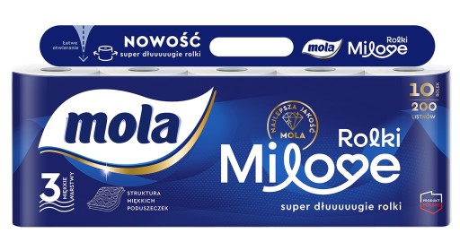 MOLA MILOVE 3-vrstvový toaletný papier, 200 listov, 10 super dlhých roliek