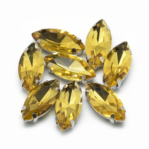 Štrasové kamienky na šitie v košíku, sklo a mosadz, konské oko 15x7mm, 10ks